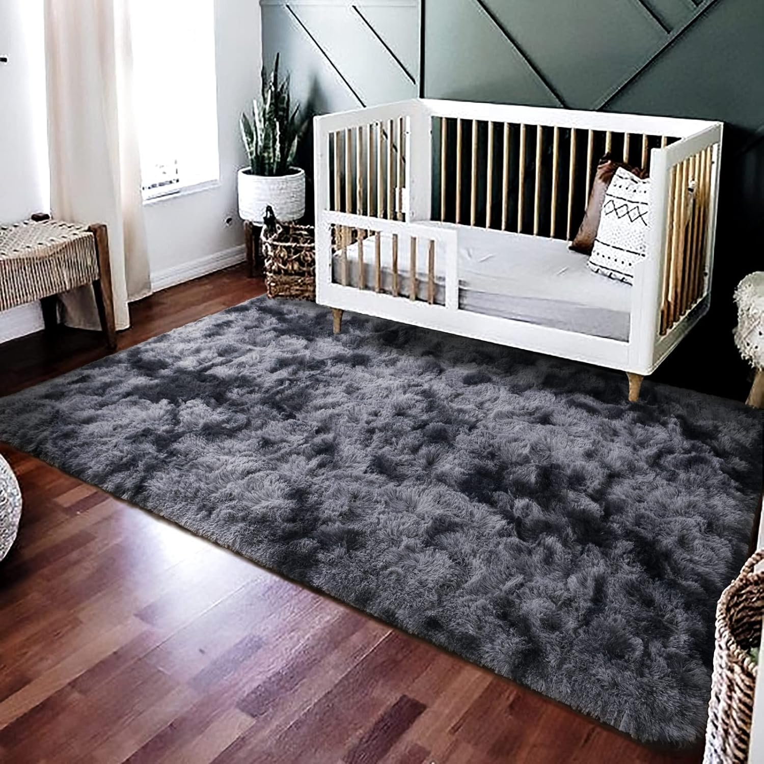 Soft Bedroom/Living Room Comfortable Shag Rug (200 x 140, Charcoal & Grey) - Image 8