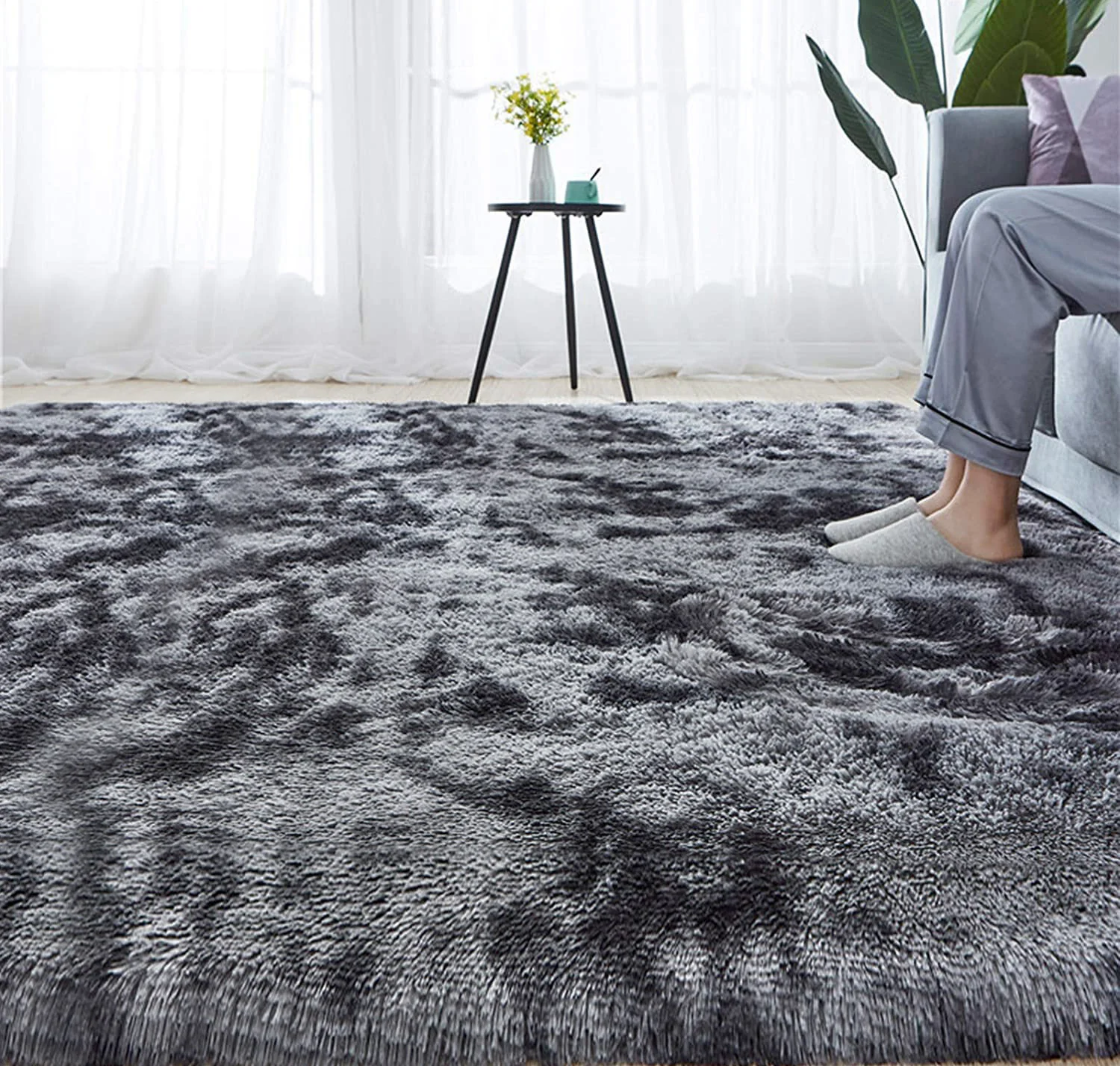Soft Bedroom/Living Room Comfortable Shag Rug (200 x 140, Charcoal & Grey) - Image 9