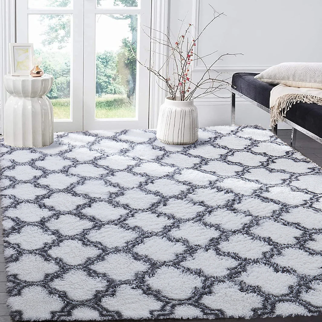 Soft Bedroom/Living Room Comfortable Shag Rug (200 x 140, White Lattice) - Image 3