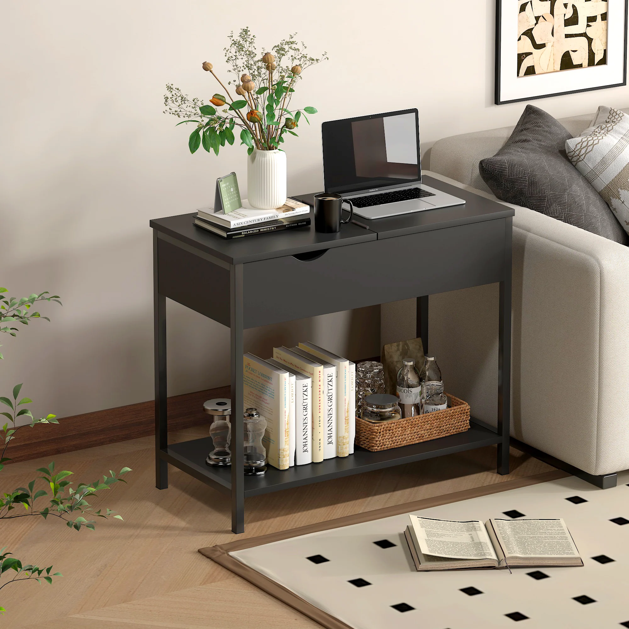 Solara Versatile Side Console Table Desk with Drawer & Shelf (Black) - Image 11