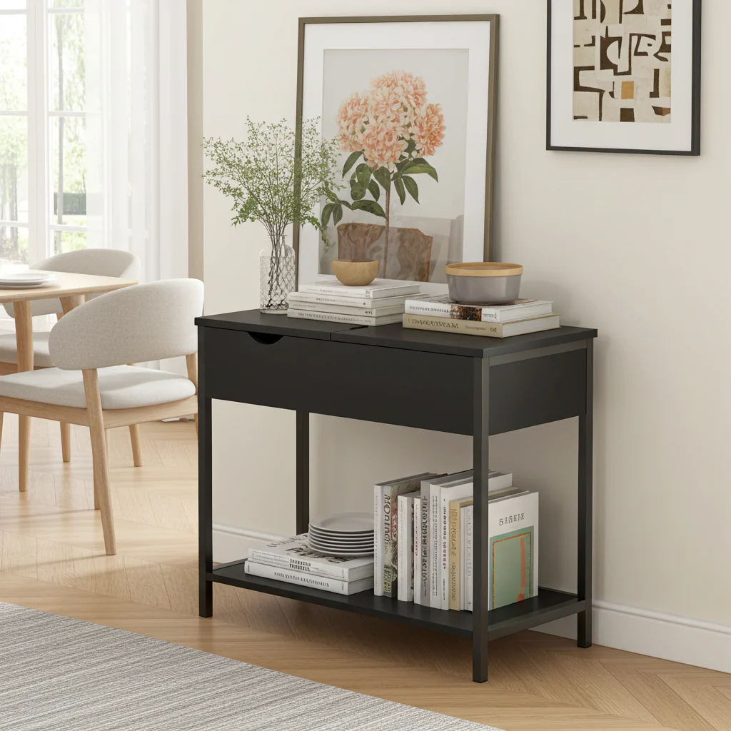Solara Versatile Side Console Table Desk with Drawer & Shelf (Black) - Image 13