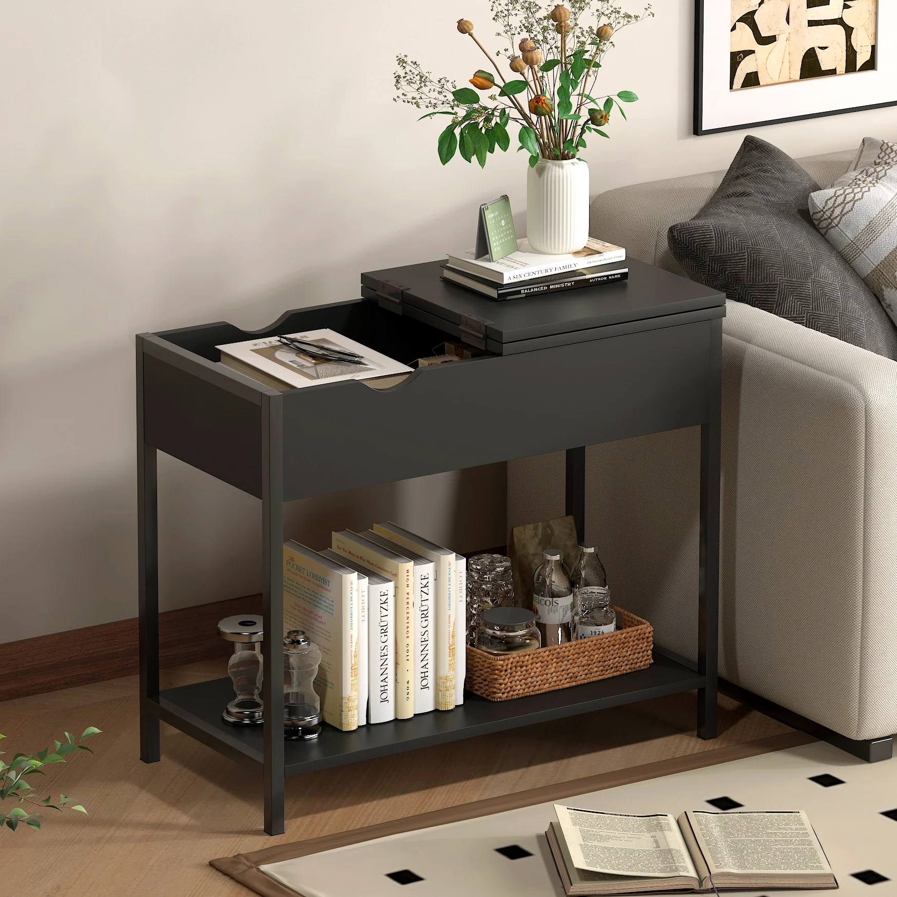Solara Versatile Side Console Table Desk with Drawer & Shelf (Black) - Image 2