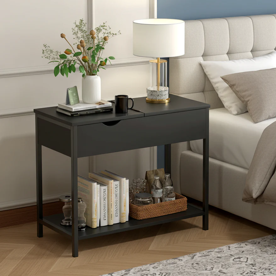Solara Versatile Side Console Table Desk with Drawer & Shelf (Black) - Image 3