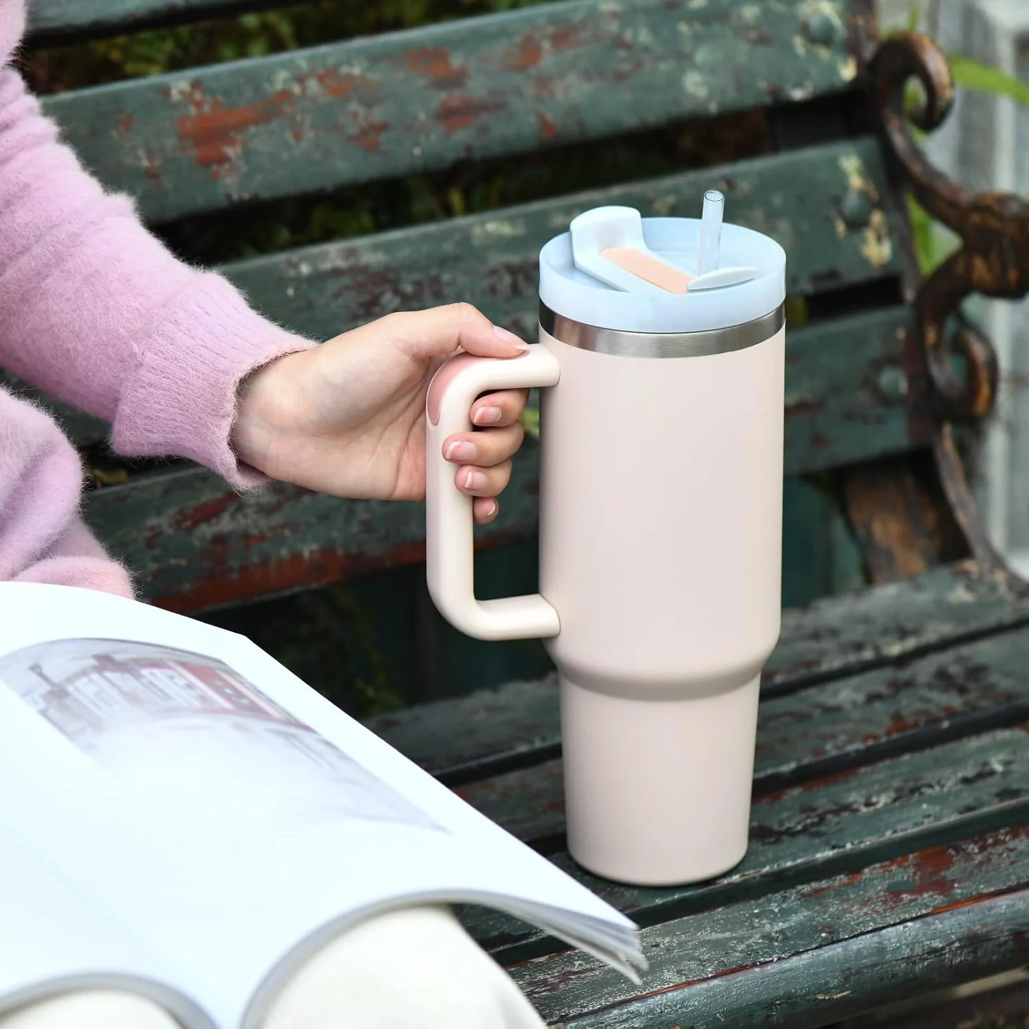 Stainless Steel Insulated Tumbler with Handle Straw Travel Mug (30oz, Rose Quartz) - Image 4