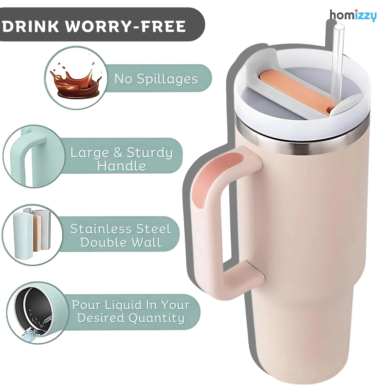 Stainless Steel Insulated Tumbler with Handle Straw Travel Mug (30oz, Rose Quartz) - Image 8