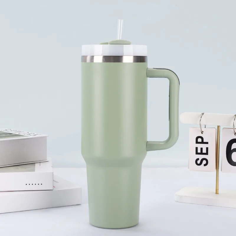 Stainless Steel Insulated Tumbler with Handle Straw Travel Mug (30oz, Eucalyptus Sage) - Image 2