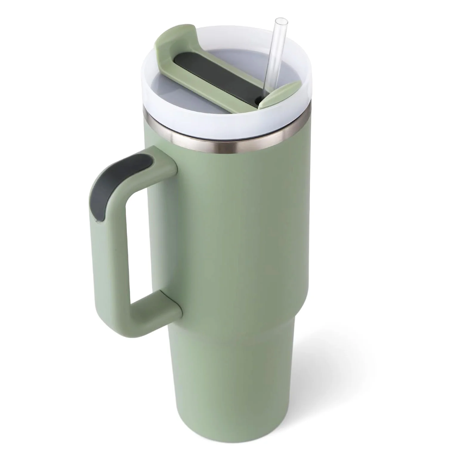 Stainless Steel Insulated Tumbler with Handle Straw Travel Mug (30oz, Eucalyptus Sage) - Image 4