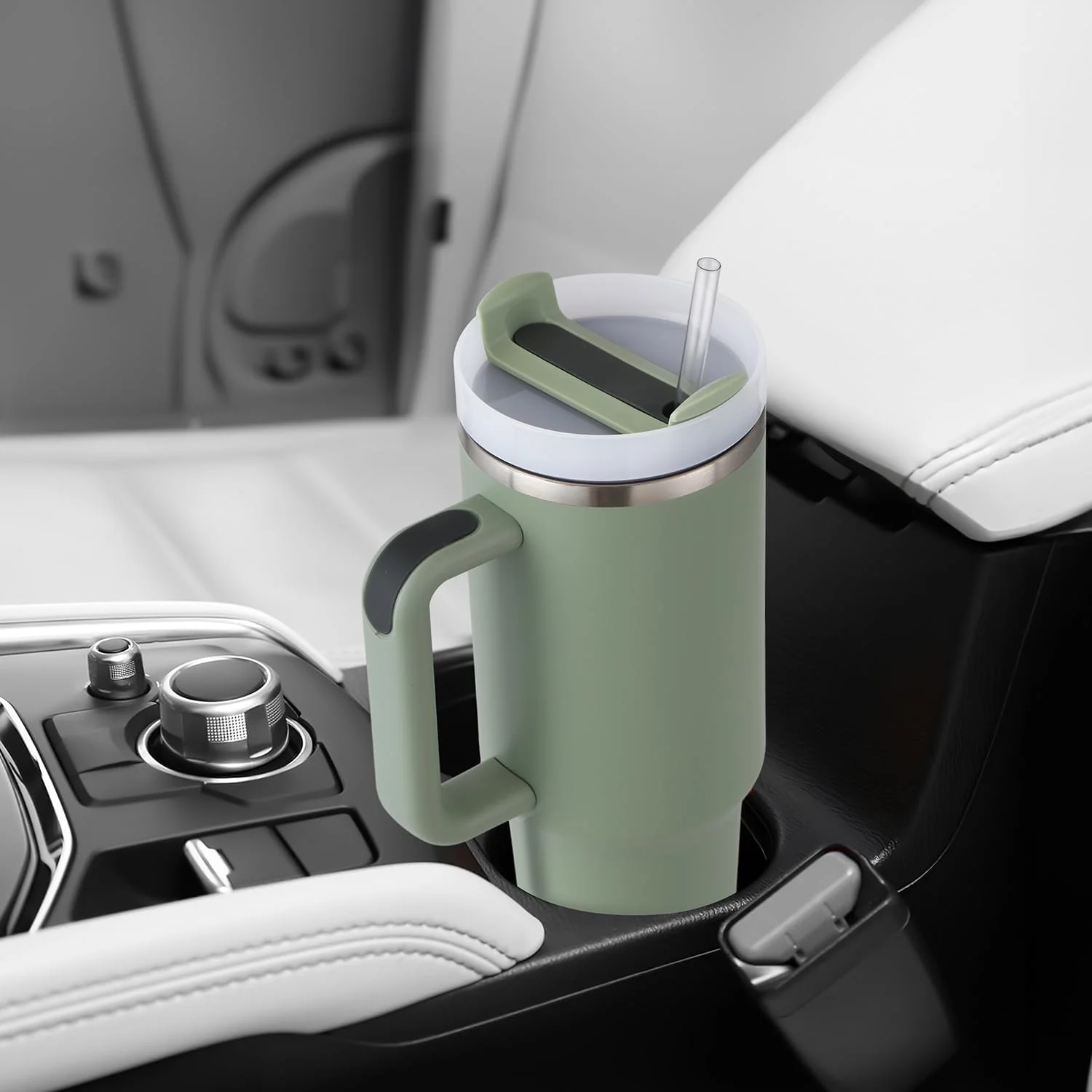 Stainless Steel Insulated Tumbler with Handle Straw Travel Mug (30oz, Eucalyptus Sage) - Image 7