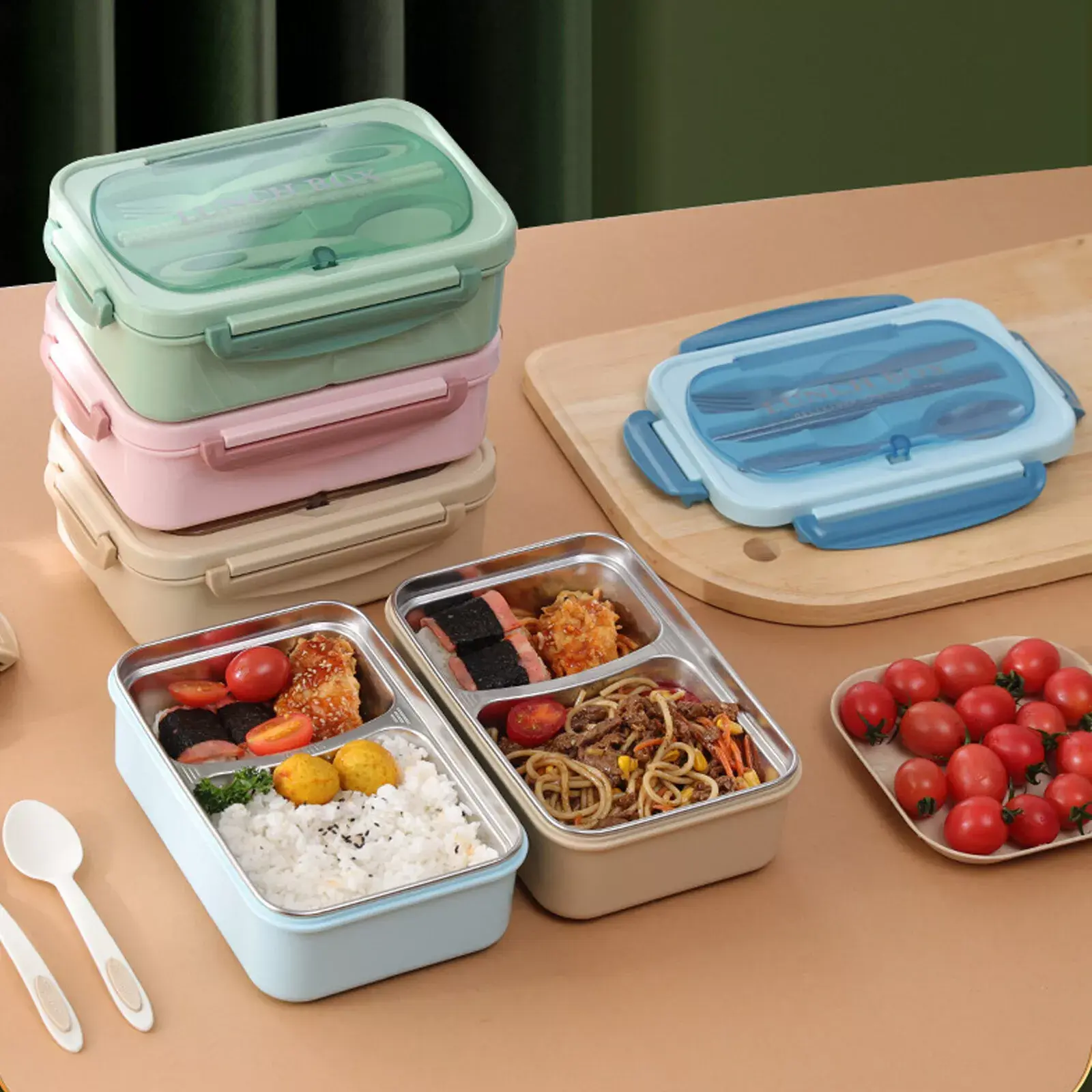 Stainless Steel Leakproof Lunch Bento Box with Compartments and Cutlery - Blue - Image 10