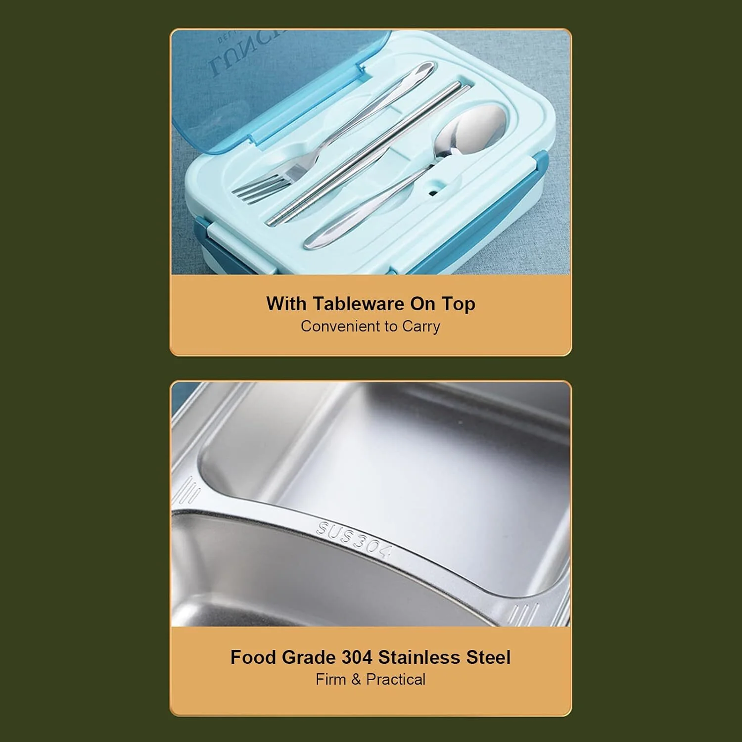 Stainless Steel Leakproof Lunch Bento Box with Compartments and Cutlery - Blue - Image 3
