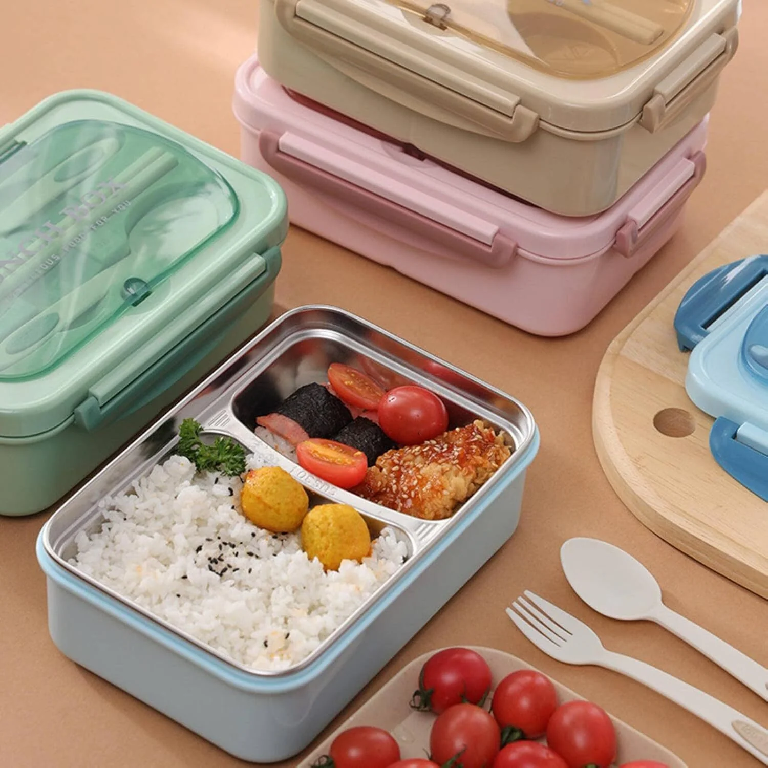 Stainless Steel Leakproof Lunch Bento Box with Compartments and Cutlery - Blue - Image 4