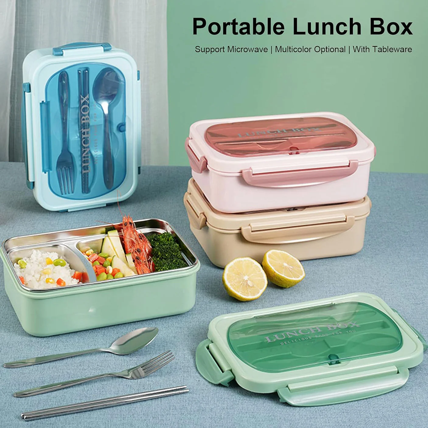 Stainless Steel Leakproof Lunch Bento Box with Compartments and Cutlery - Pink - Image 3