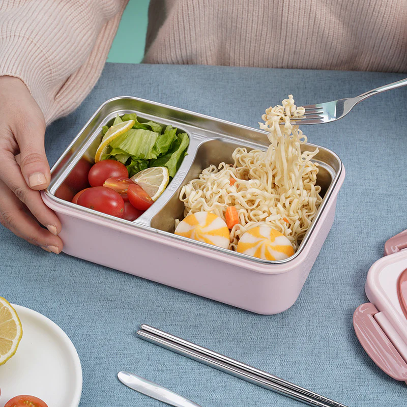 Stainless Steel Leakproof Lunch Bento Box with Compartments and Cutlery - Pink - Image 5
