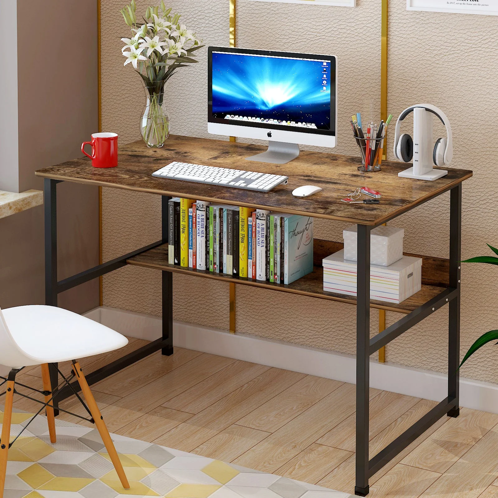 Studio Rustic Wood & Metal Computer Desk with Shelf - Image 3