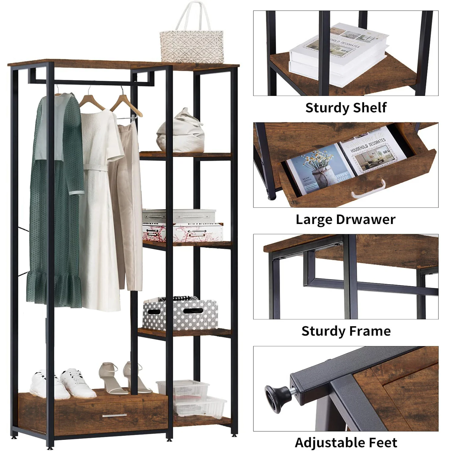 Summit Premium Rustic Tall Wardrobe Cupboard Shelves & Clothes Hanging Rack - Image 2