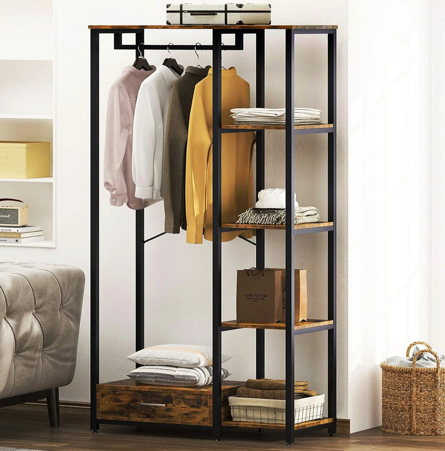 Summit Premium Rustic Tall Wardrobe Cupboard Shelves & Clothes Hanging Rack - Image 6