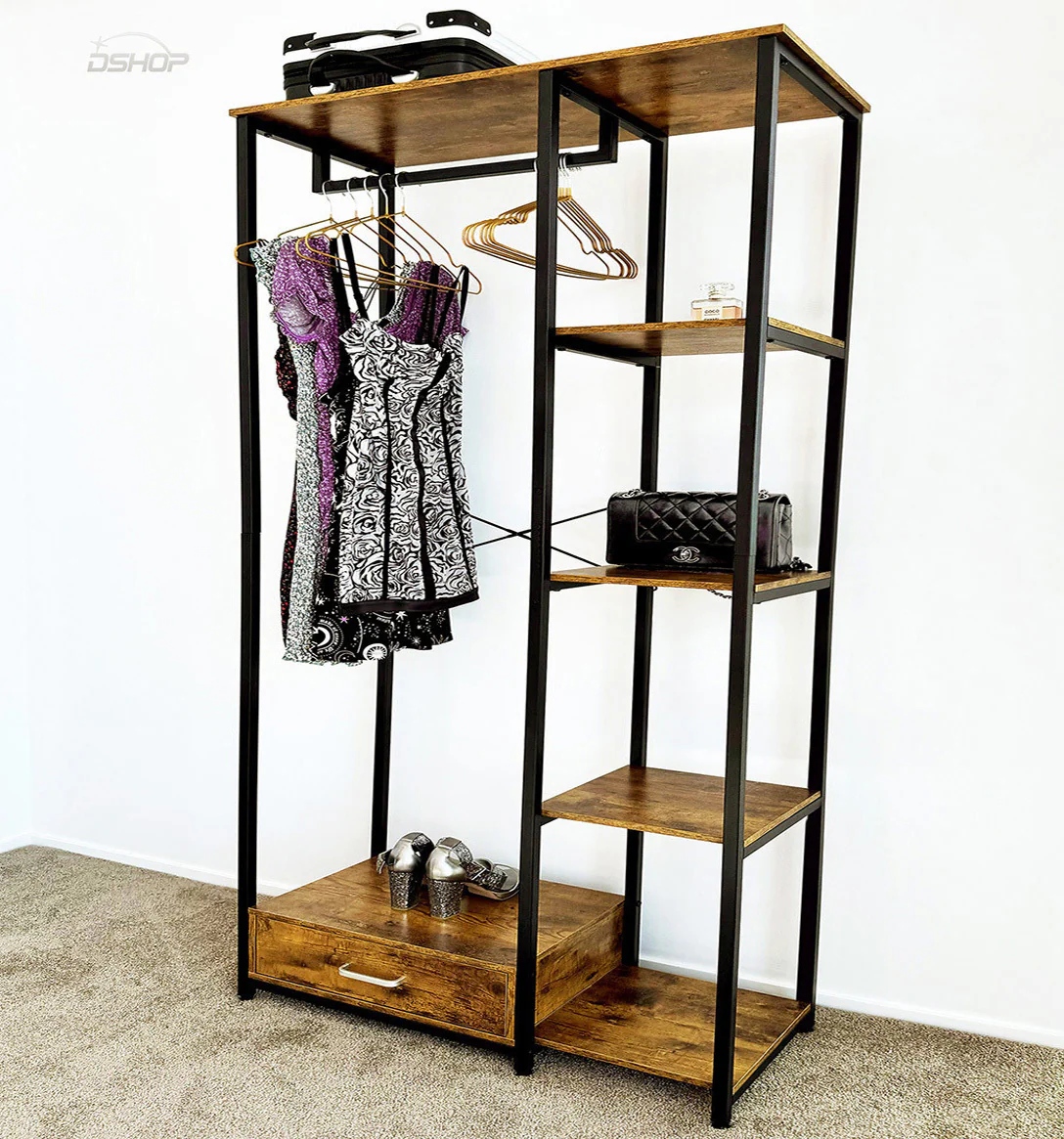 Summit Premium Rustic Tall Wardrobe Cupboard Shelves & Clothes Hanging Rack - Image 8