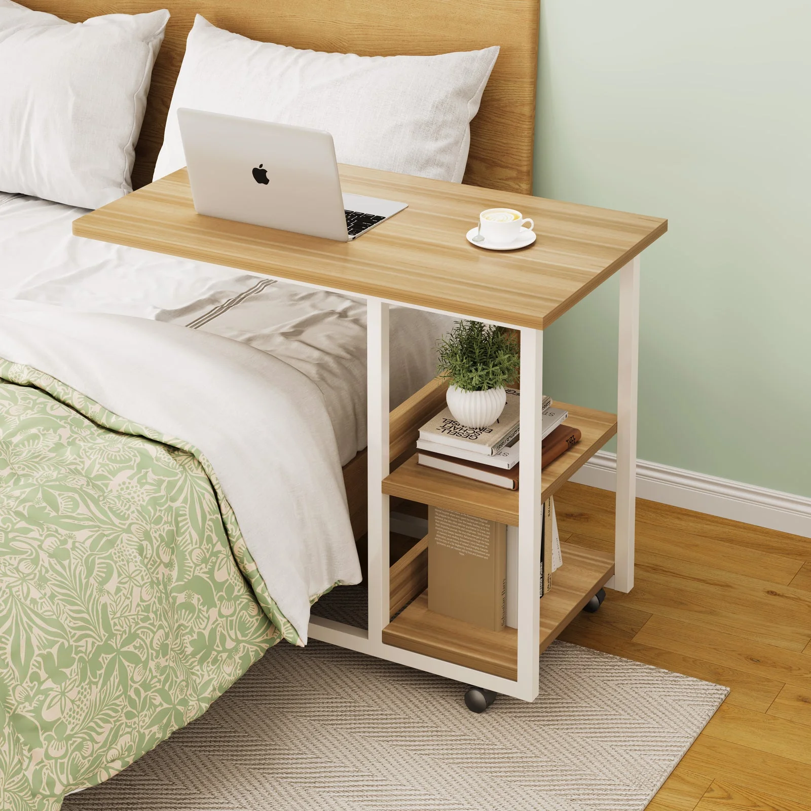 Supreme Sofa Bed Side Table Laptop Desk with Shelves & Wheels (Oak) - Image 4