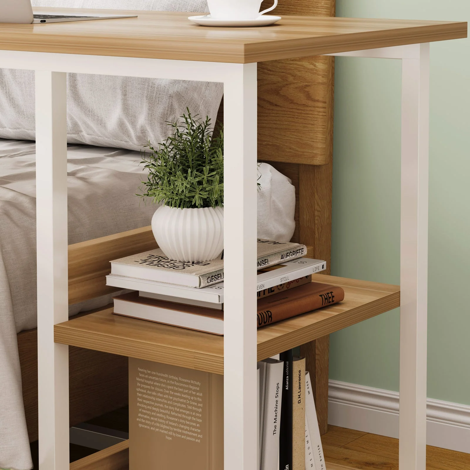 Supreme Sofa Bed Side Table Laptop Desk with Shelves & Wheels (Oak) - Image 5