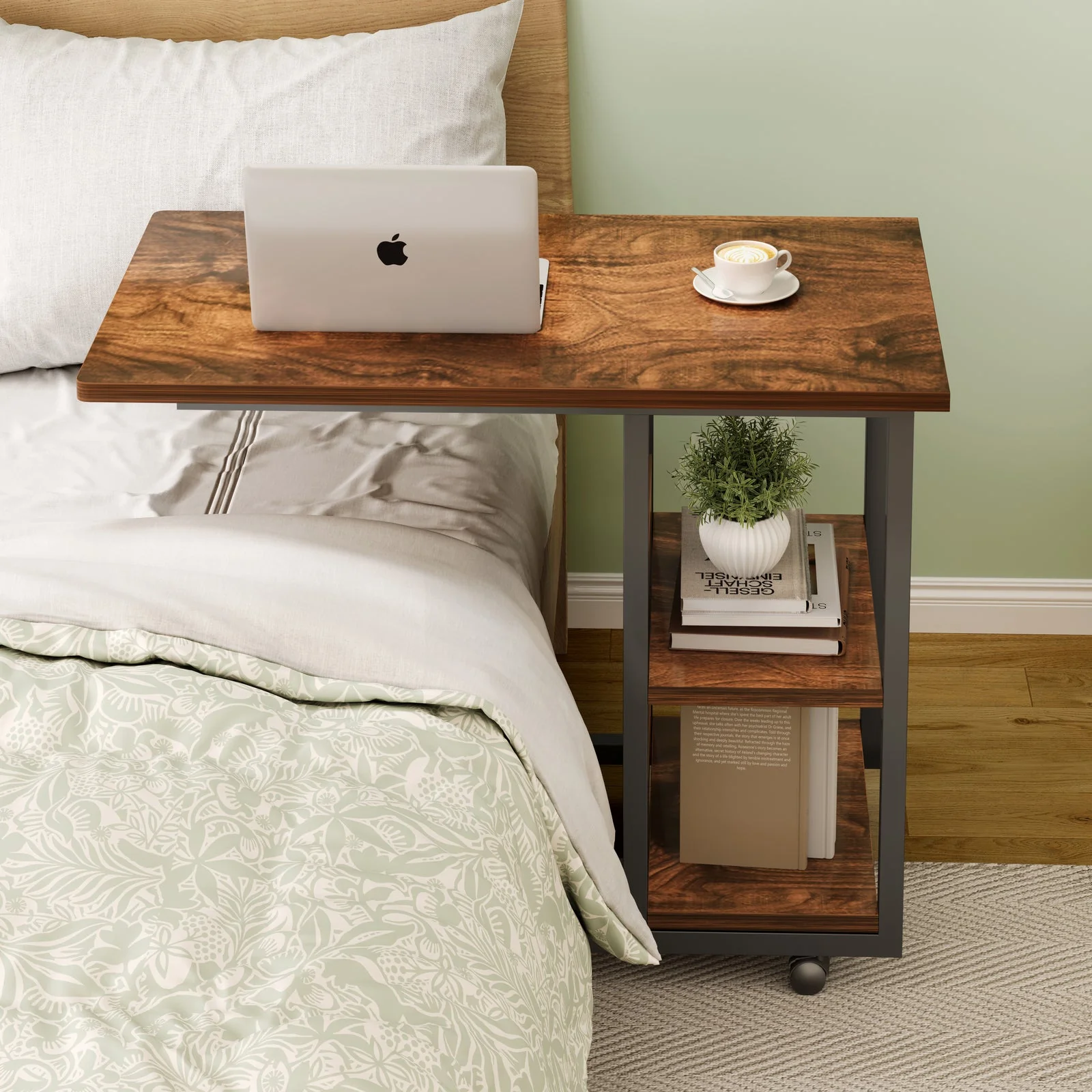 Supreme Sofa Bed Side Table Laptop Desk with Shelves & Wheels (Rustic Wood) - Image 5