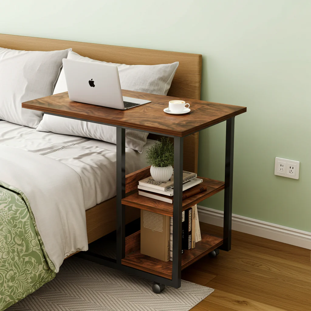 Supreme Sofa Bed Side Table Laptop Desk with Shelves & Wheels (Rustic Wood) - Image 7