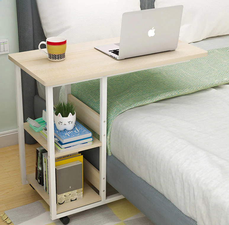 Supreme Sofa Bed Side Table Laptop Desk with Shelves & Wheels (White Oak) - Image 3
