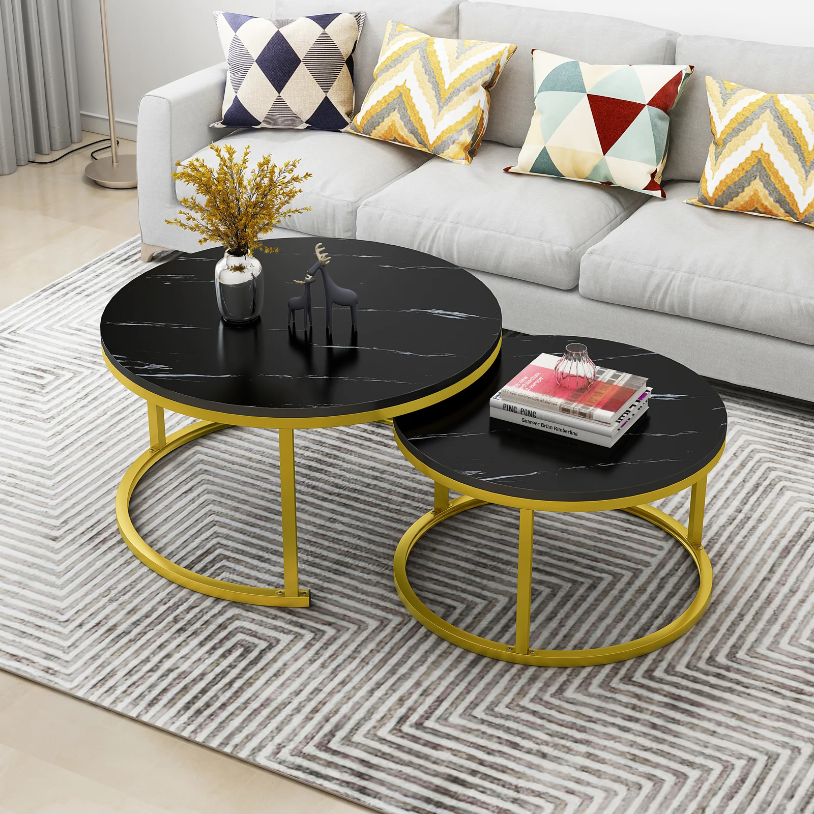 Synergy 2 In 1 Lush Marble Look Designer Nesting Coffee Tables (Black) - Image 11