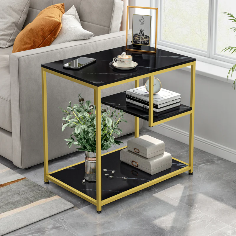 Synergy Luxury Marble Look Side Table Magazine Shelf (Black) - Image 3