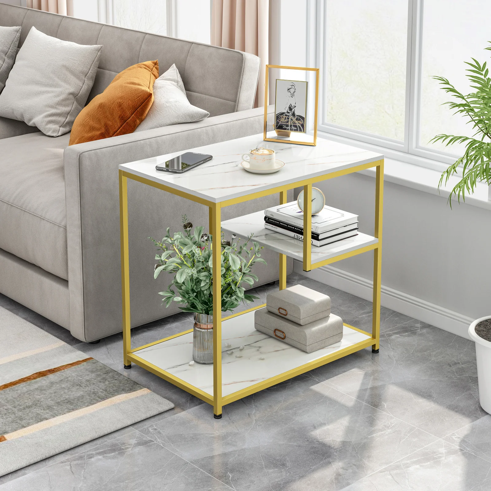 Synergy Luxury Marble Look Side Table Magazine Shelf (White) - Image 2