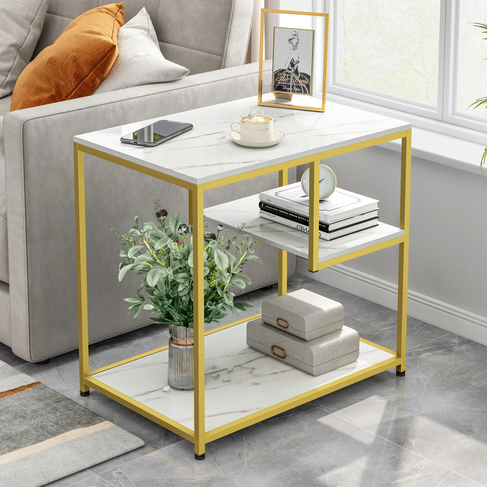 Synergy Luxury Marble Look Side Table Magazine Shelf (White) - Image 7