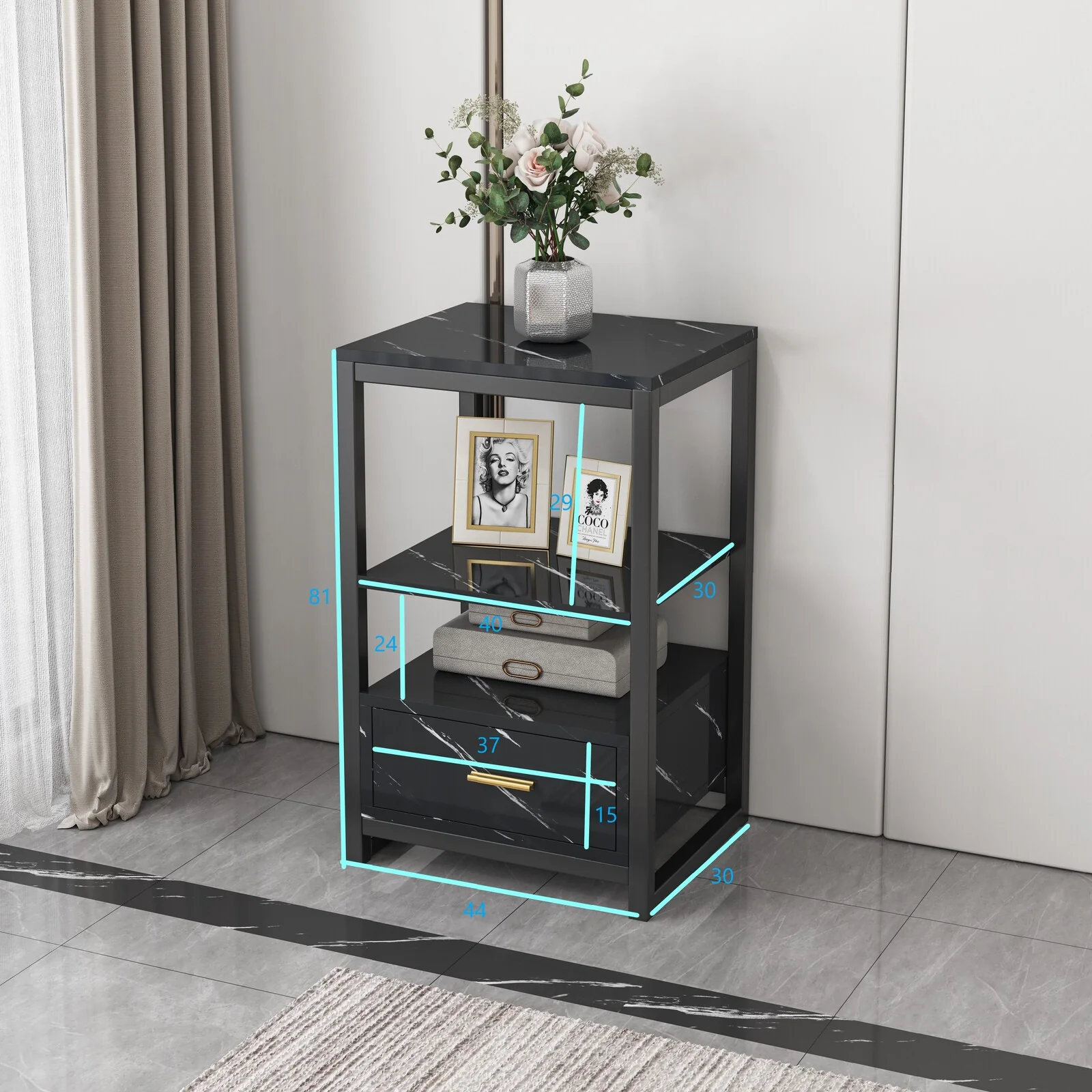 Synergy Luxury Marble Look Side Table Nightstand (Black) - Image 8