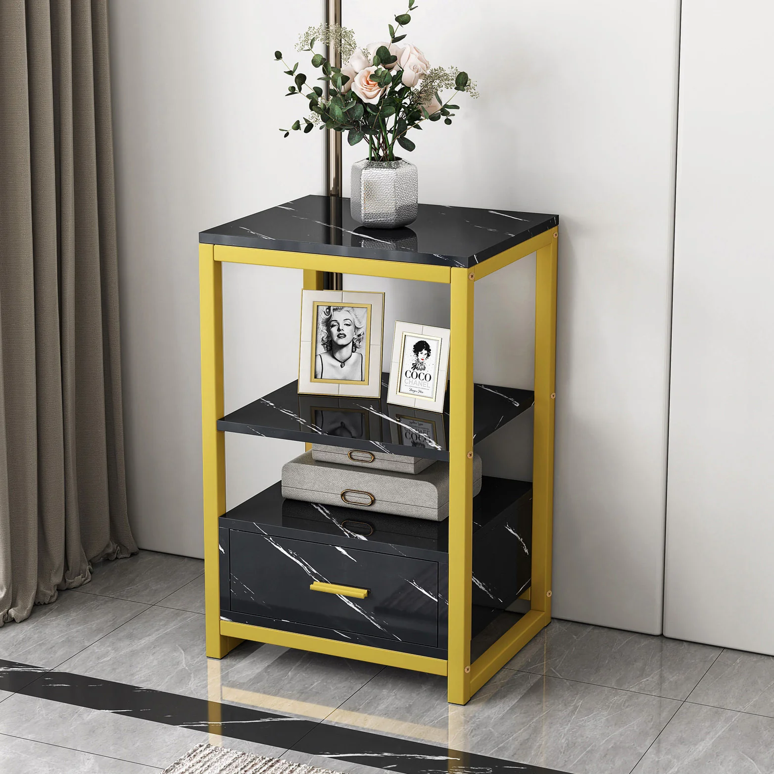 Synergy Luxury Marble Look Side Table Nightstand (Black) - Image 11