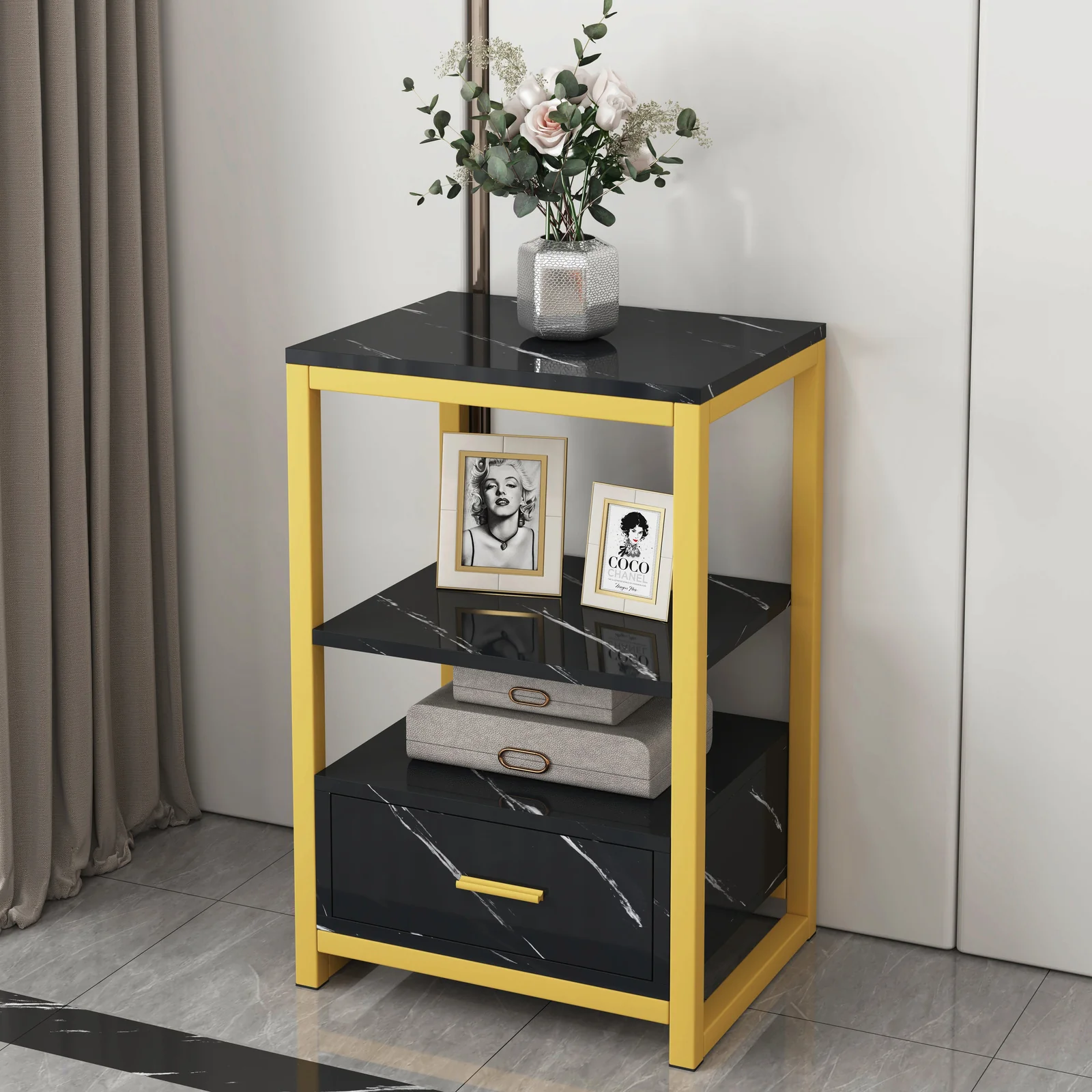 Synergy Luxury Marble Look Side Table Nightstand (Black) - Image 12