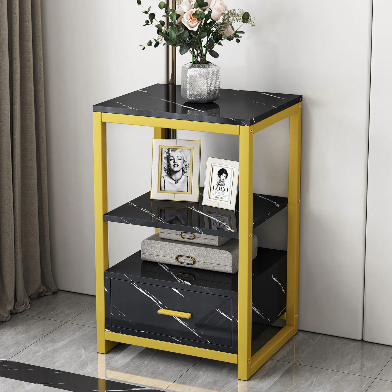 Synergy Luxury Marble Look Side Table Nightstand (Black) - Image 4
