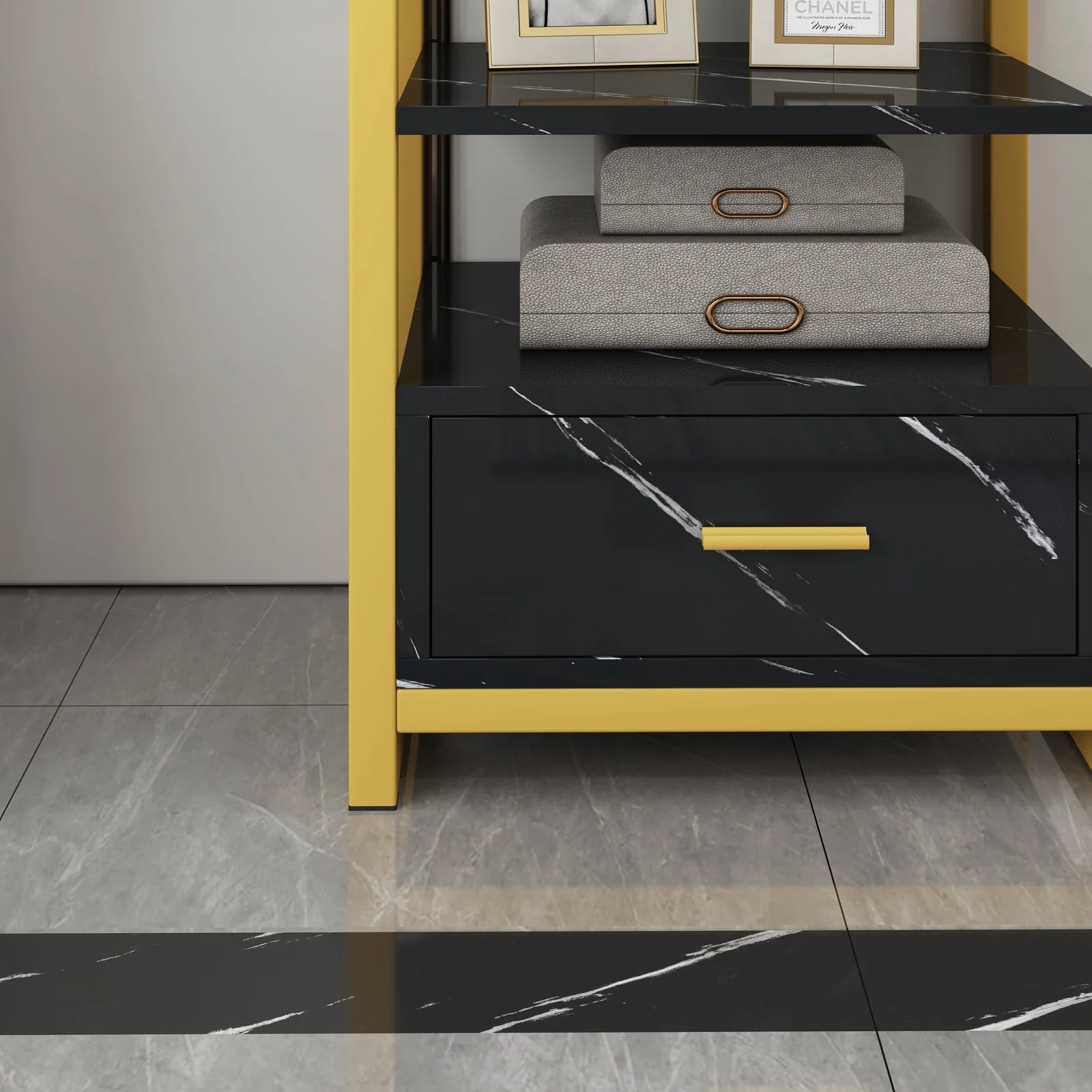 Synergy Luxury Marble Look Side Table Nightstand (Black) - Image 6