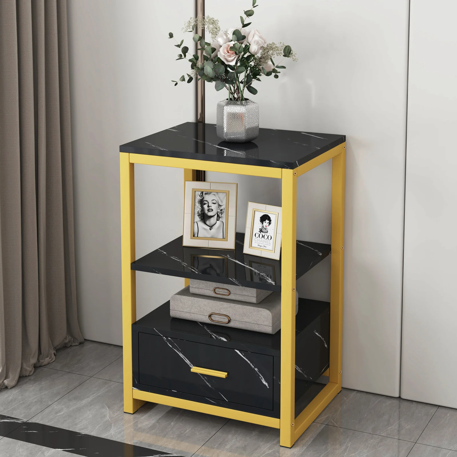 Synergy Luxury Marble Look Side Table Nightstand (Black) - Image 9