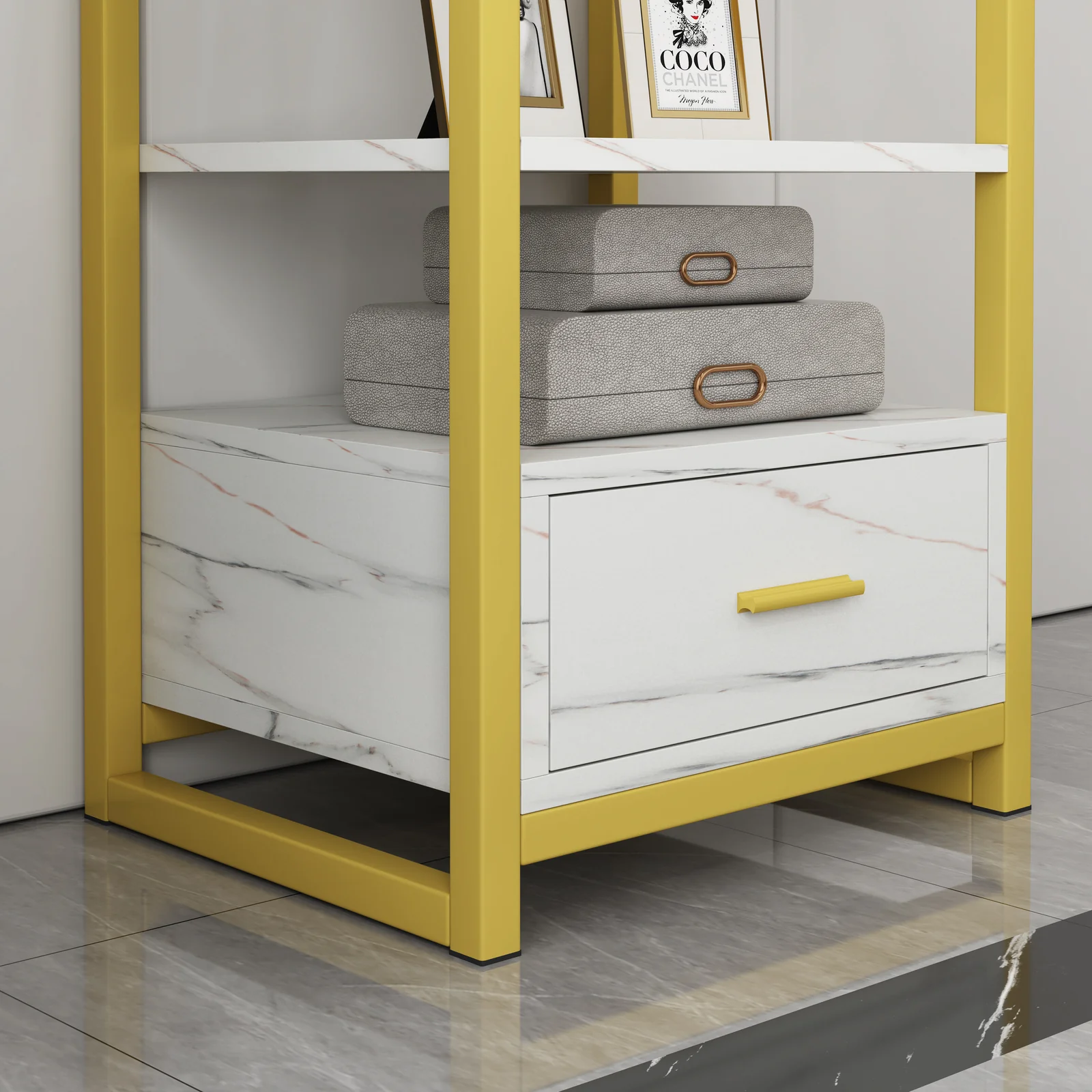 Synergy Luxury Marble Look Side Table Nightstand (White) - Image 4