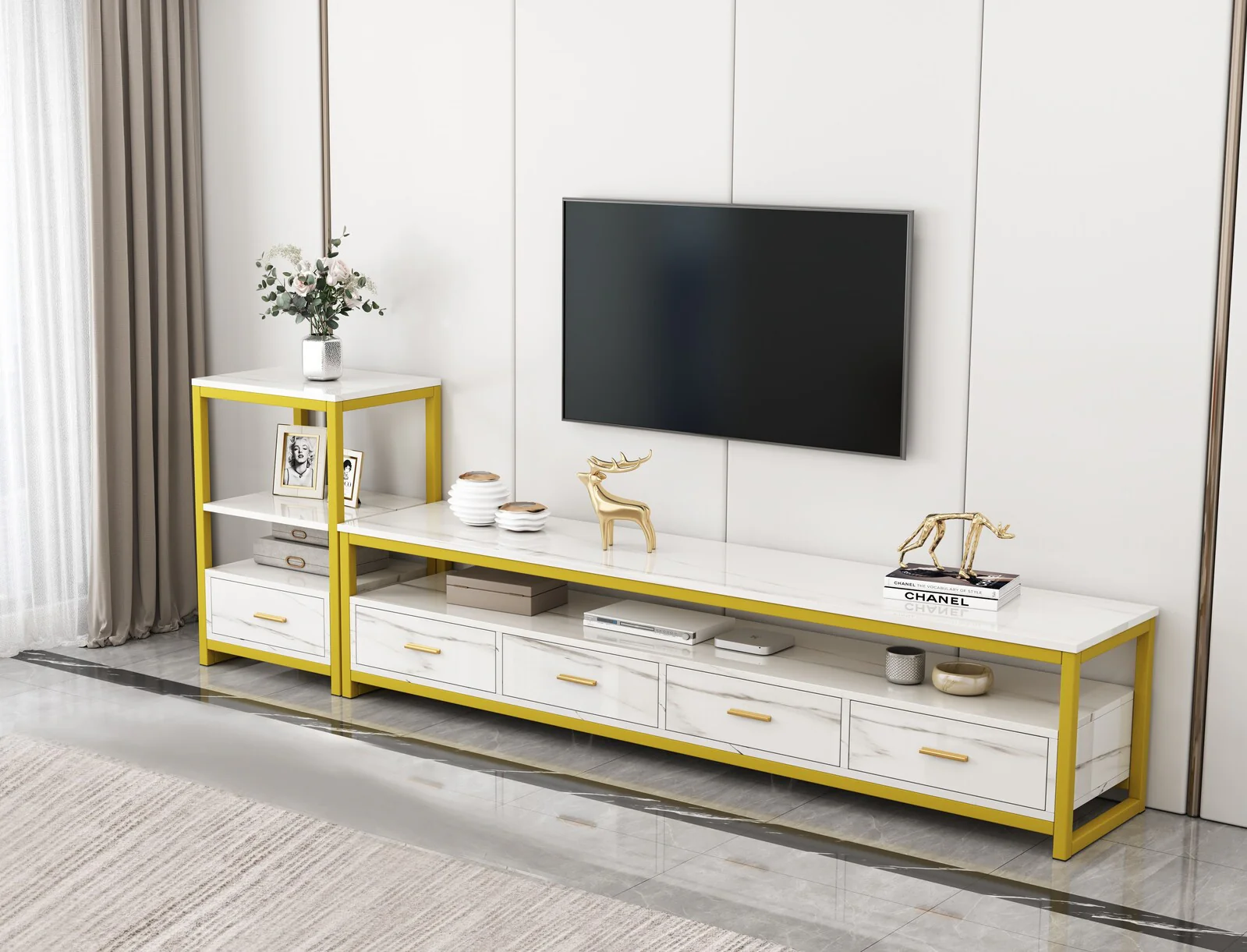 Synergy Luxury Marble Look Side Table Nightstand (White) - Image 8