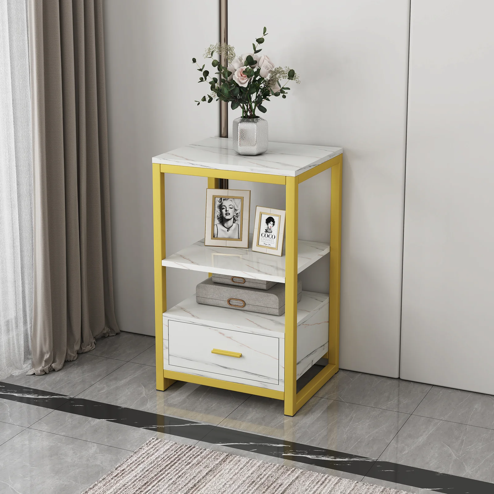 Synergy Luxury Marble Look Side Table Nightstand (White) - Image 9
