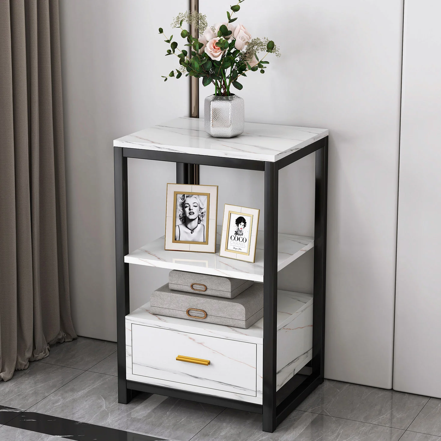 Synergy Luxury Marble Look Side Table Nightstand (White) - Image 10