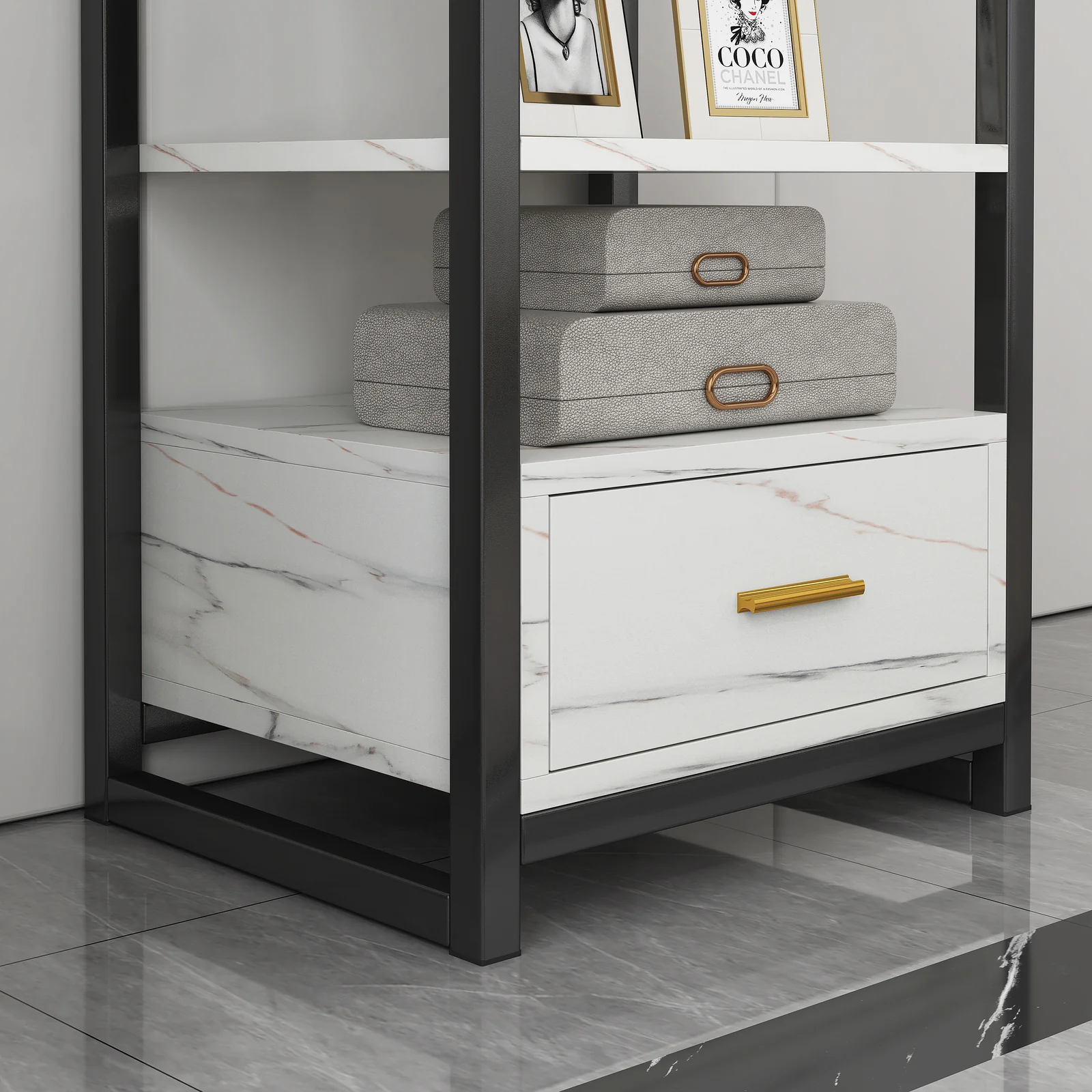 Synergy Luxury Marble Look Side Table Nightstand (White) - Image 2