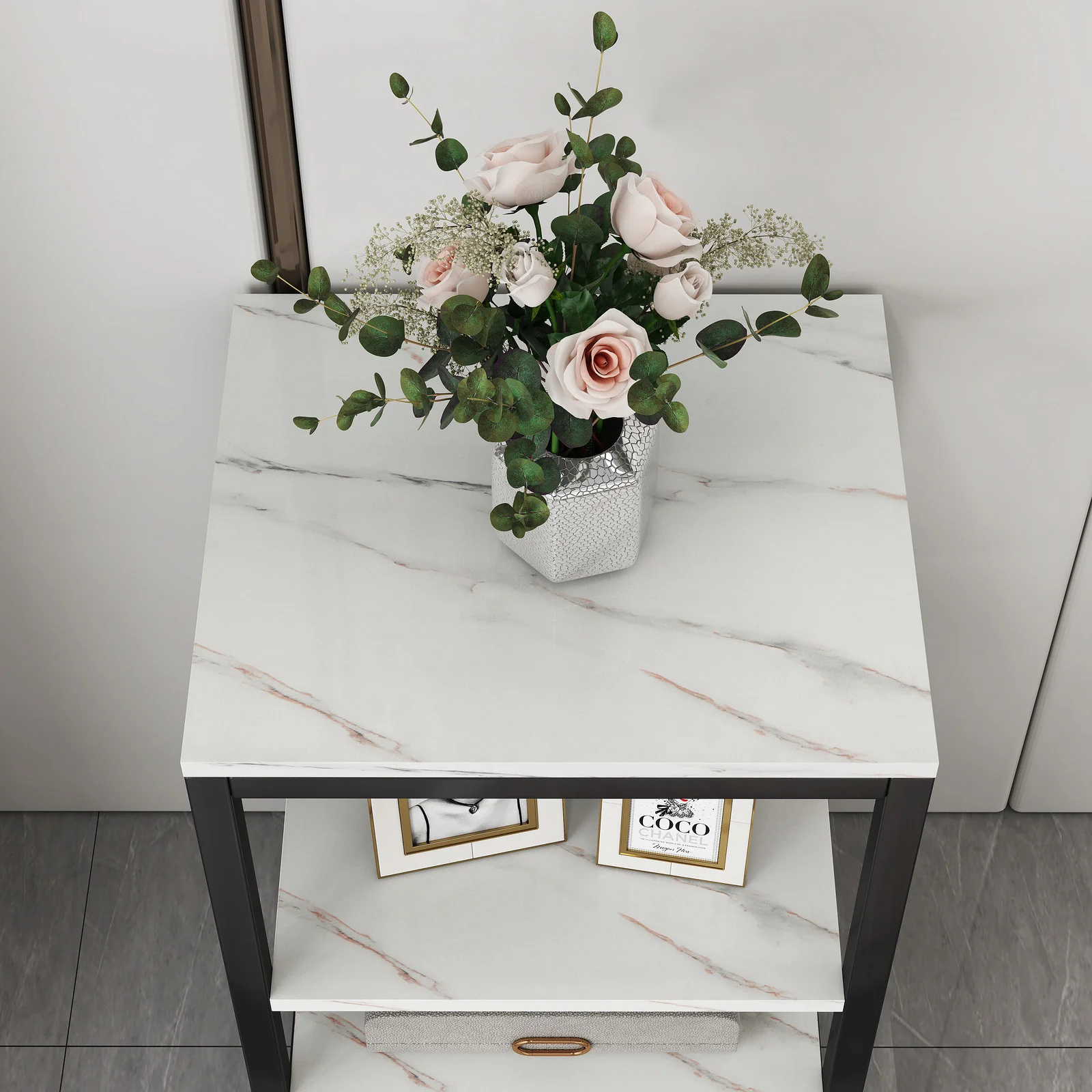 Synergy Luxury Marble Look Side Table Nightstand (White) - Image 4