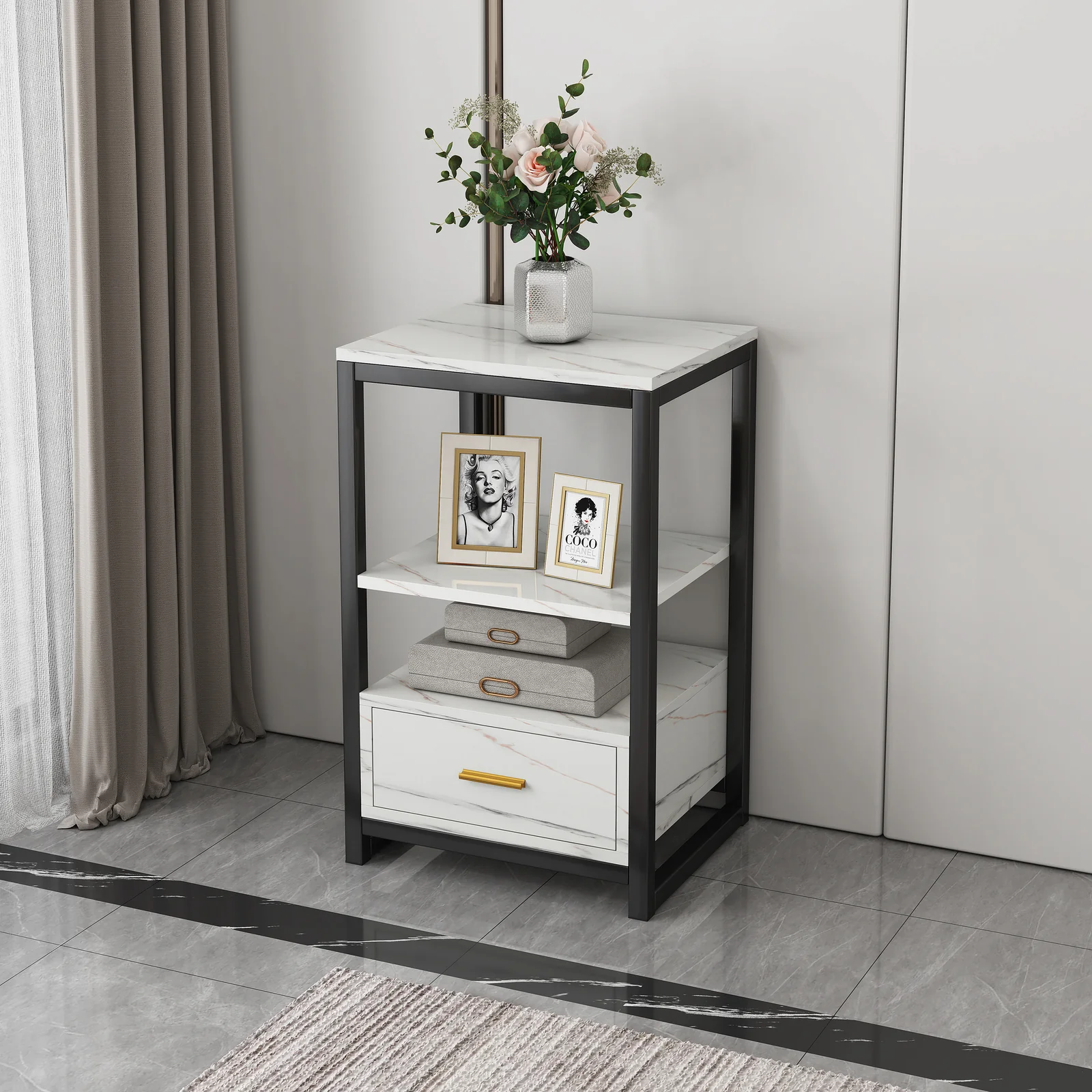 Synergy Luxury Marble Look Side Table Nightstand (White) - Image 8