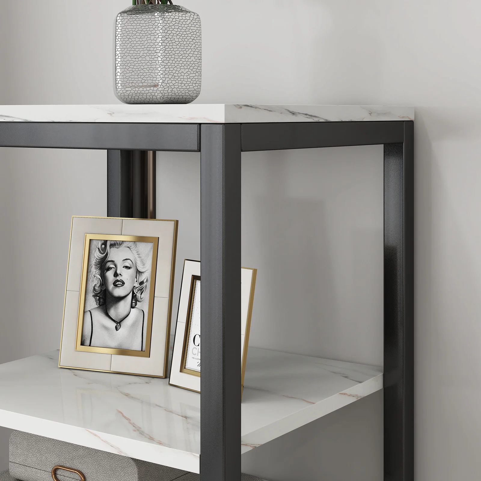 Synergy Luxury Marble Look Side Table Nightstand (White) - Image 9