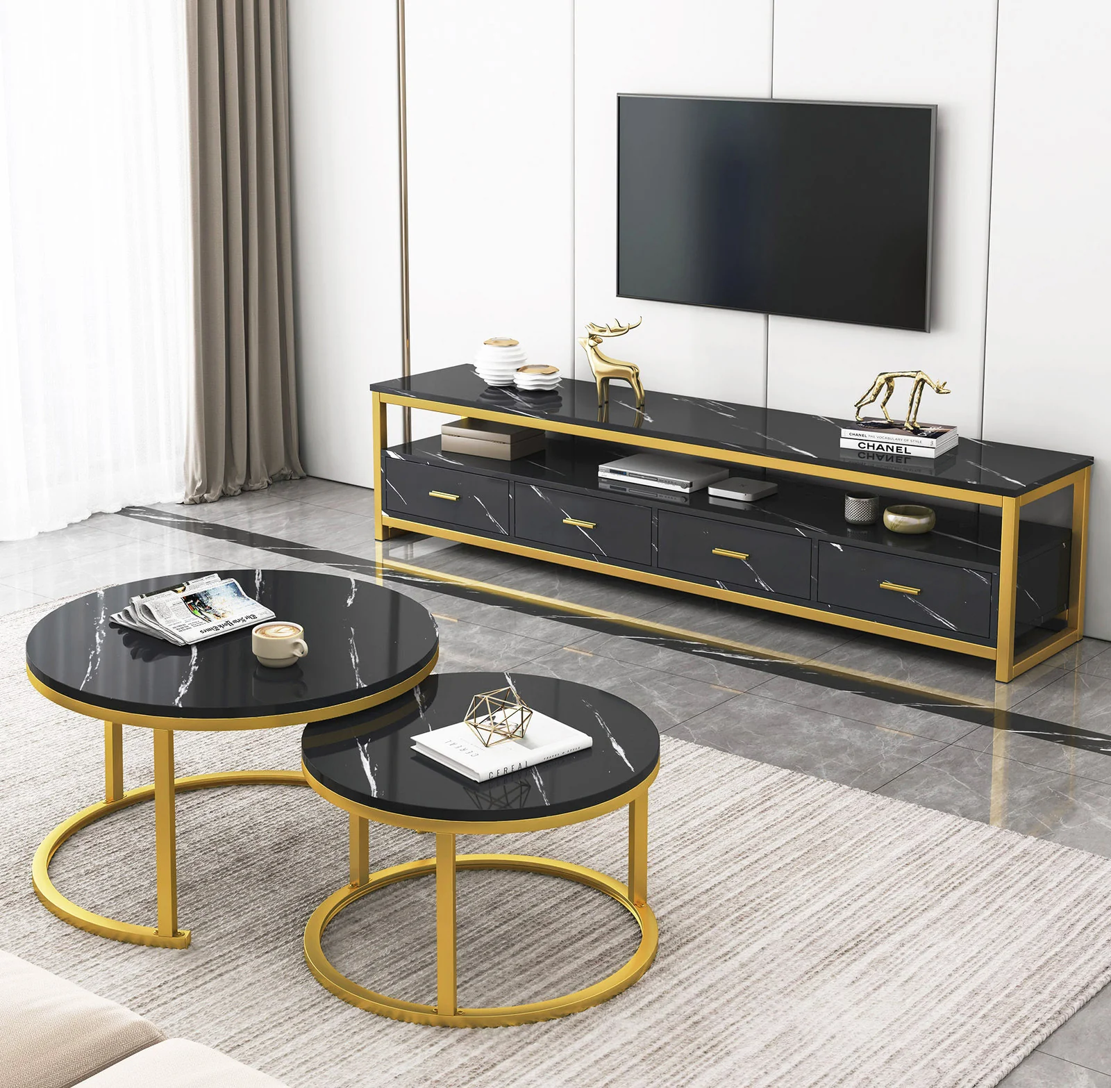 Synergy Luxury Marble Look TV Cabinet (Black) - Image 4
