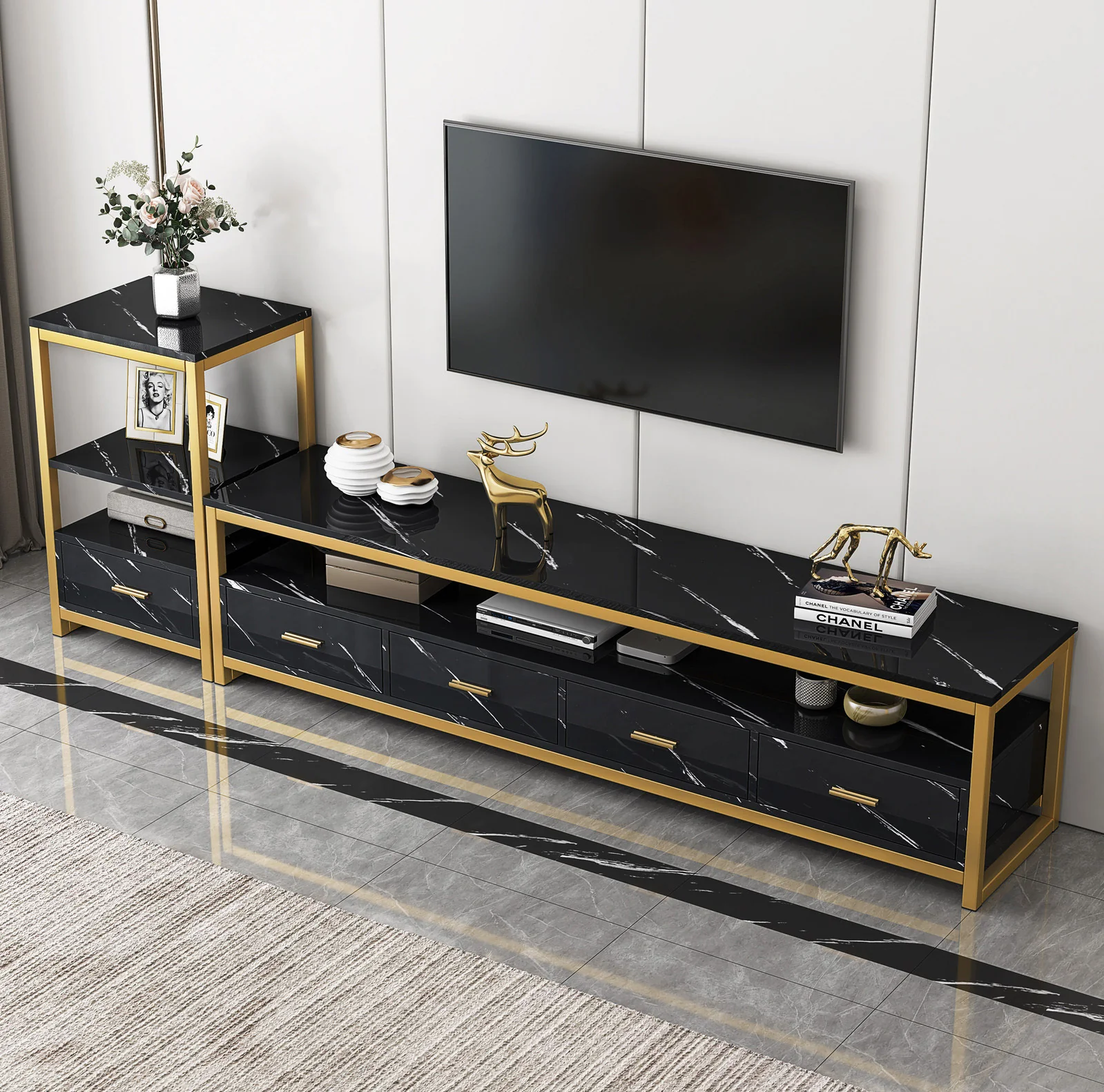 Synergy Luxury Marble Look TV Cabinet (Black) - Image 5