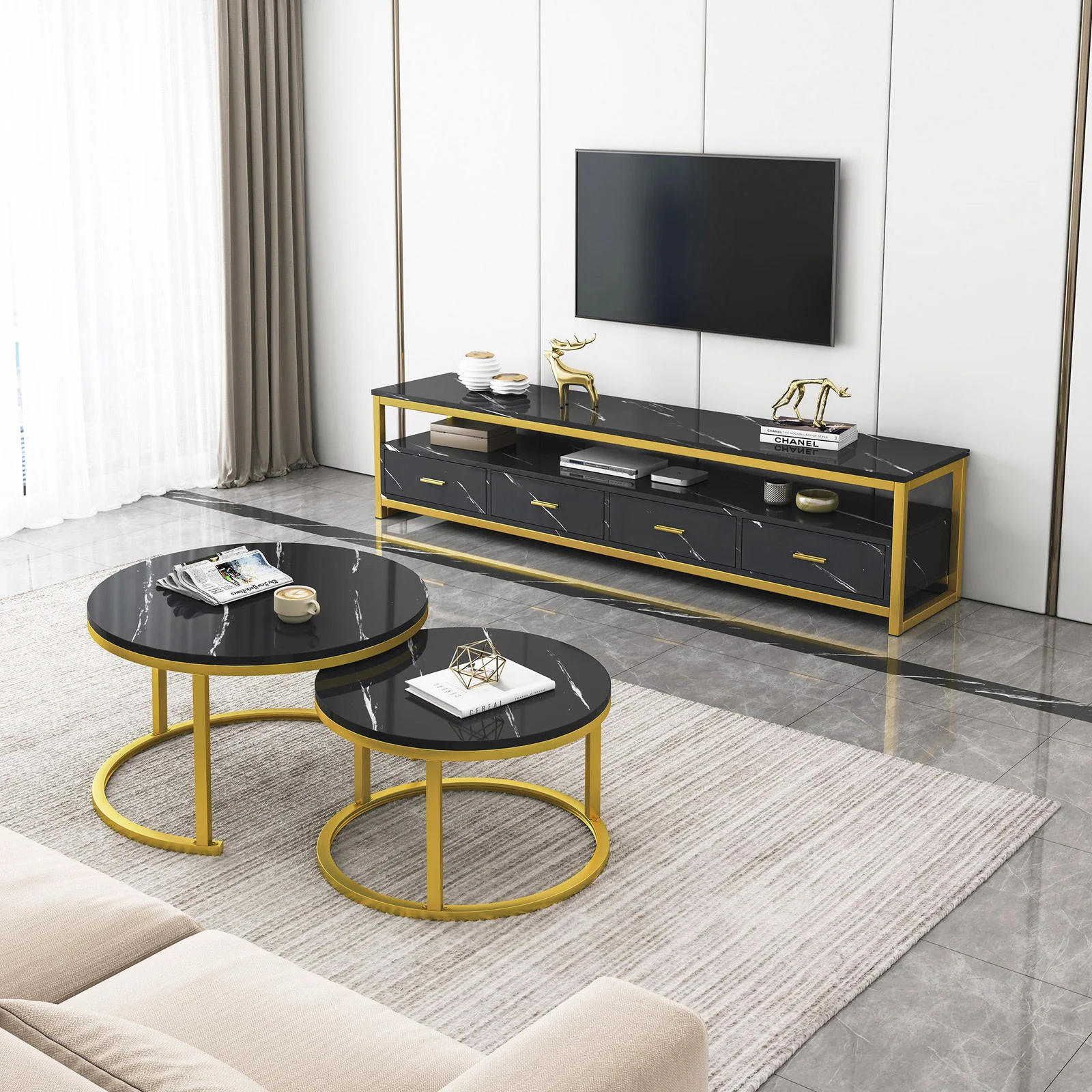 Synergy Luxury Marble Look TV Cabinet (Black) - Image 9