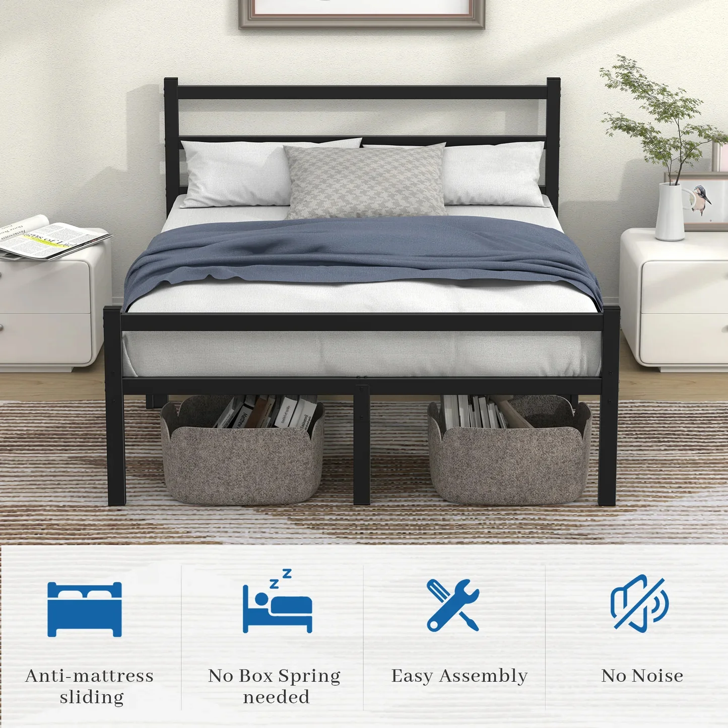 Titan Heavy Duty Metal Platform Bed Base Frame - Queen Size, Black Steel - Image 8