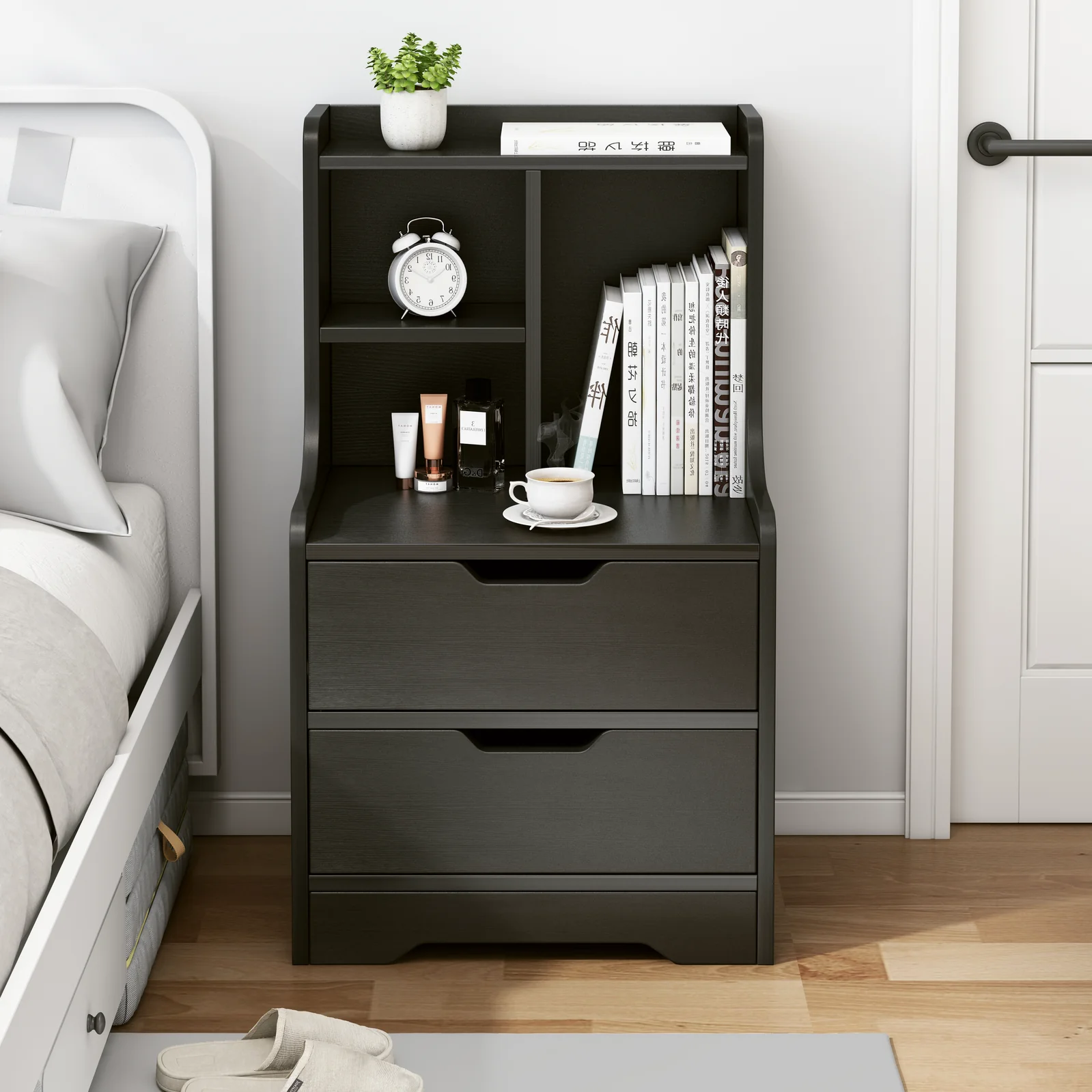 Twilight 2-Drawer Tall Bedside Table with Chest of Drawers and Shelves (Black Walnut) - Image 3