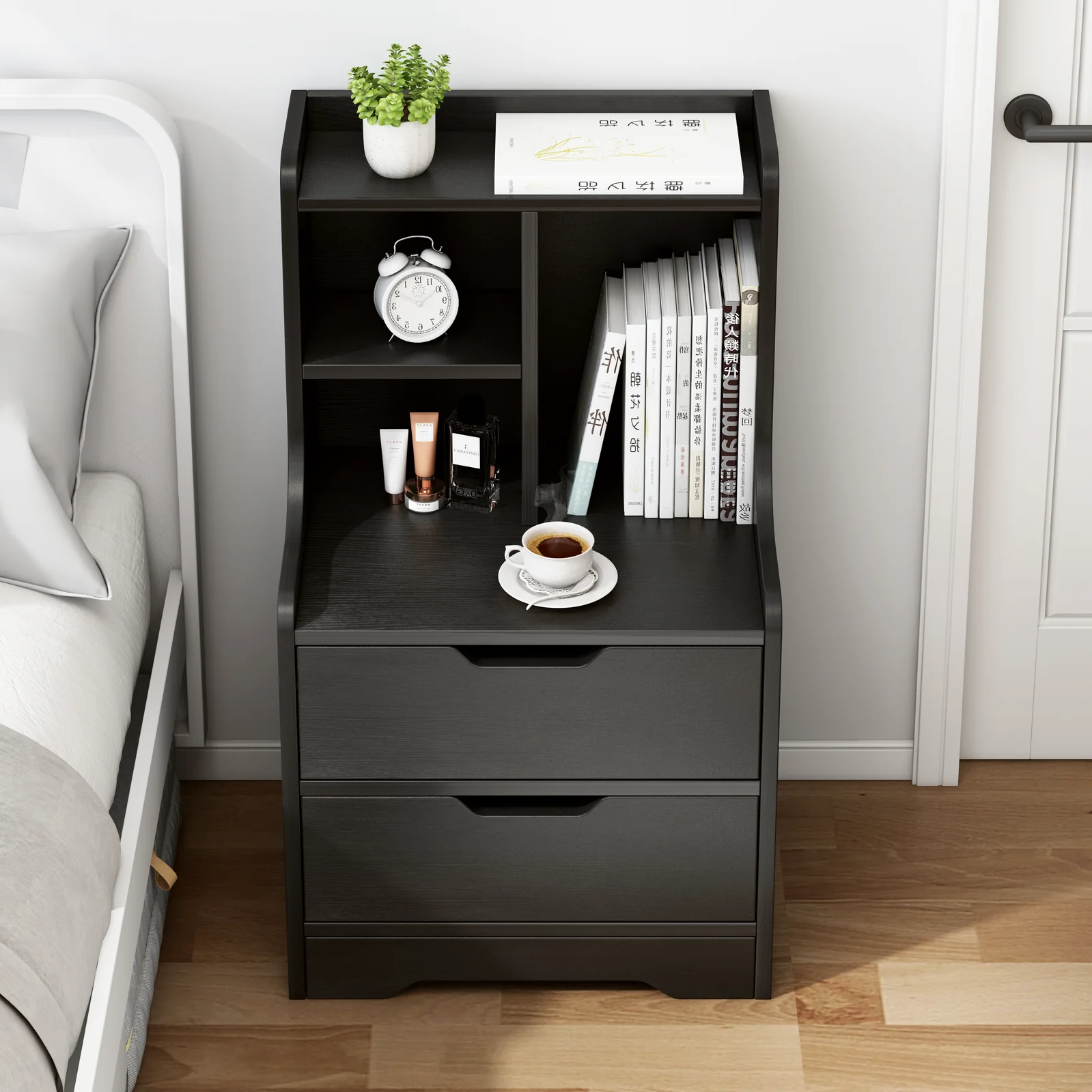 Twilight 2-Drawer Tall Bedside Table with Chest of Drawers and Shelves (Black Walnut) - Image 4
